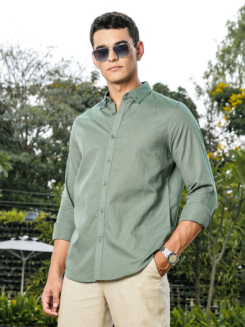 Thomas Scott Men Green Slim Fit Long Sleeves Button-Down Collar Linen Casual Shirt