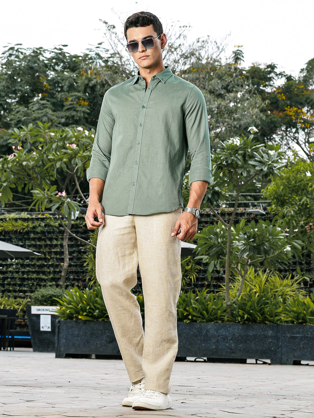 Thomas Scott Men Green Slim Fit Long Sleeves Button-Down Collar Linen Casual Shirt