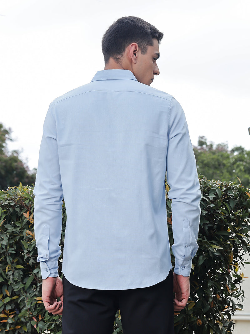 Thomas Scott Men Light Blue Slim Fit Long Sleeves Spread Collar Solid Cotton Casual Shirt
