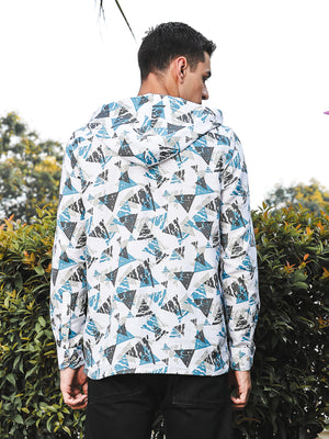 Thomas Scott Men White Slim Fit Long Sleeves Abstract Printed Linen Hodded Shirt