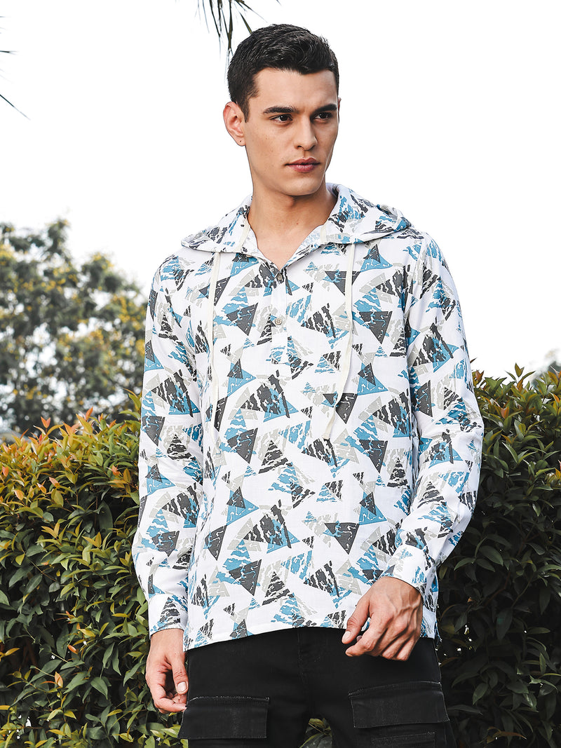 Thomas Scott Men White Slim Fit Long Sleeves Abstract Printed Linen Hodded Shirt