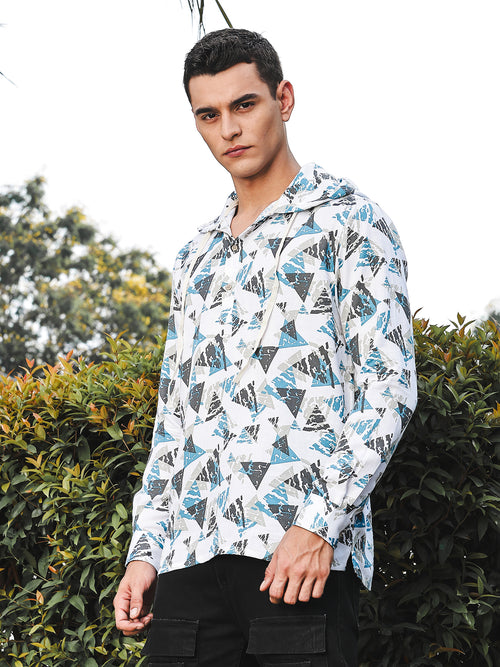 Thomas Scott Men White Slim Fit Long Sleeves Abstract Printed Linen Hodded Shirt