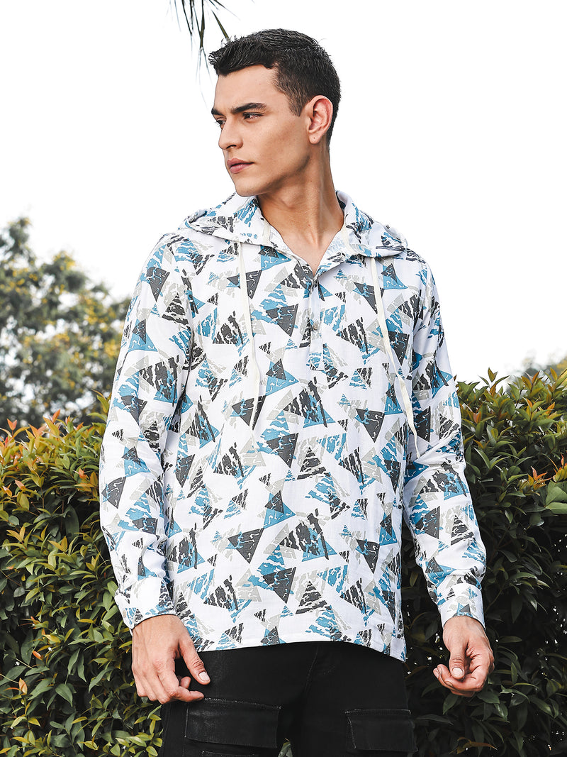 Thomas Scott Men White Slim Fit Long Sleeves Abstract Printed Linen Hodded Shirt