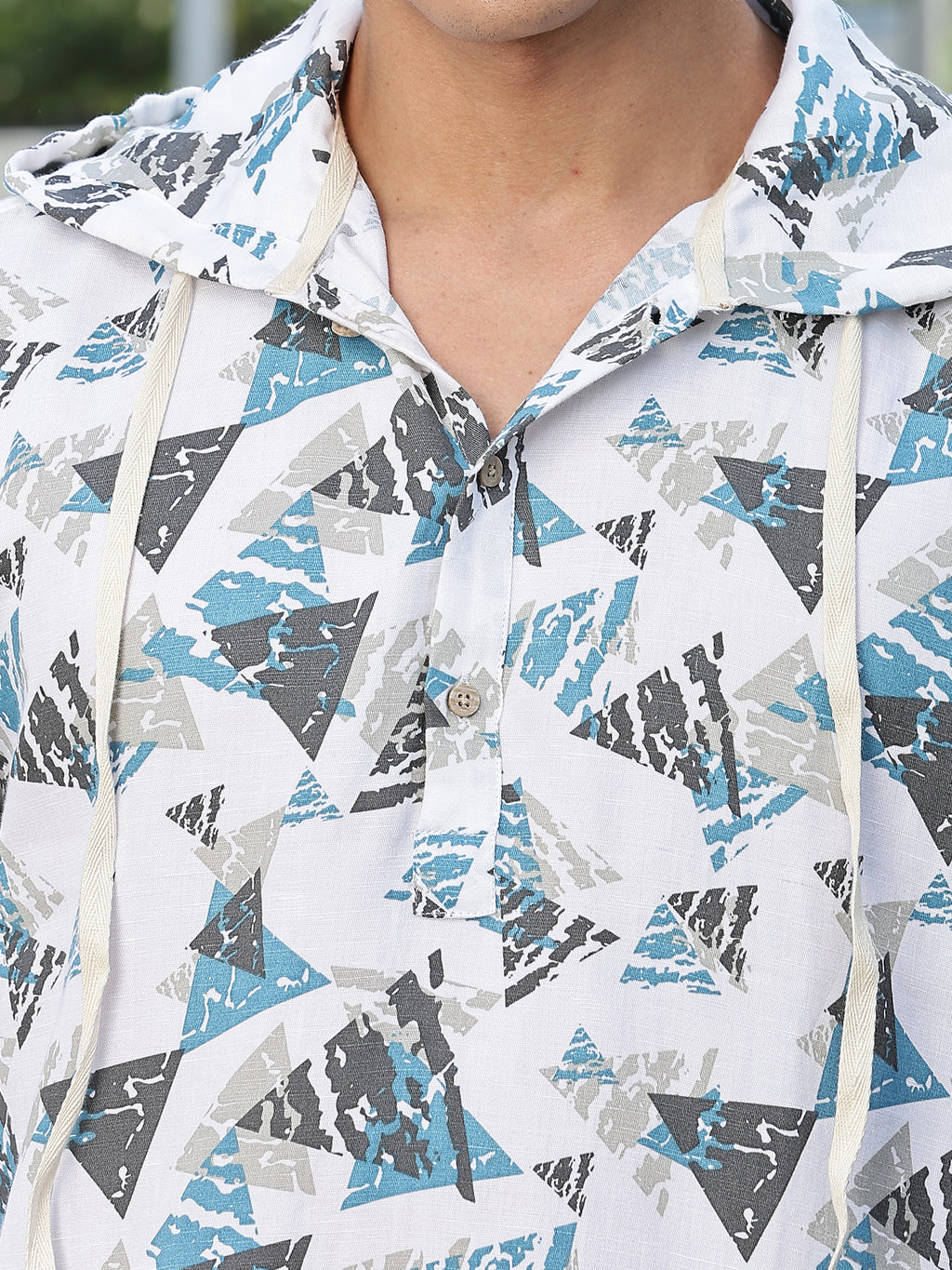 Thomas Scott Men White Slim Fit Long Sleeves Abstract Printed Linen Hodded Shirt