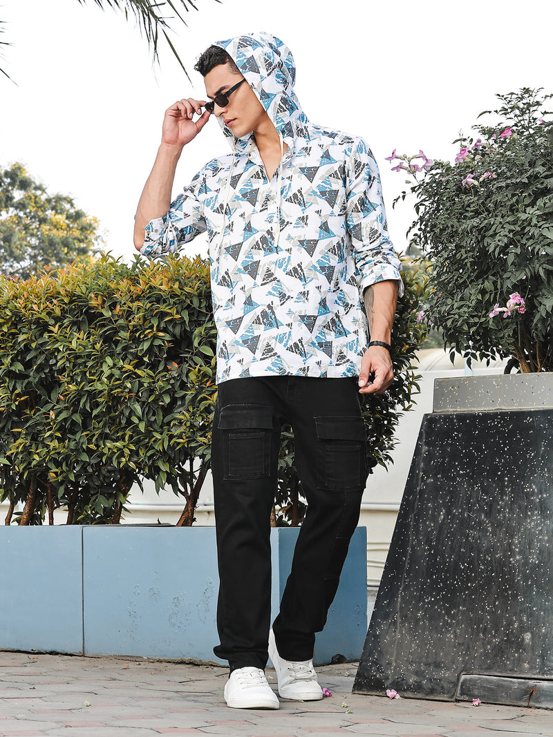 Thomas Scott Men White Slim Fit Long Sleeves Abstract Printed Linen Hodded Shirt