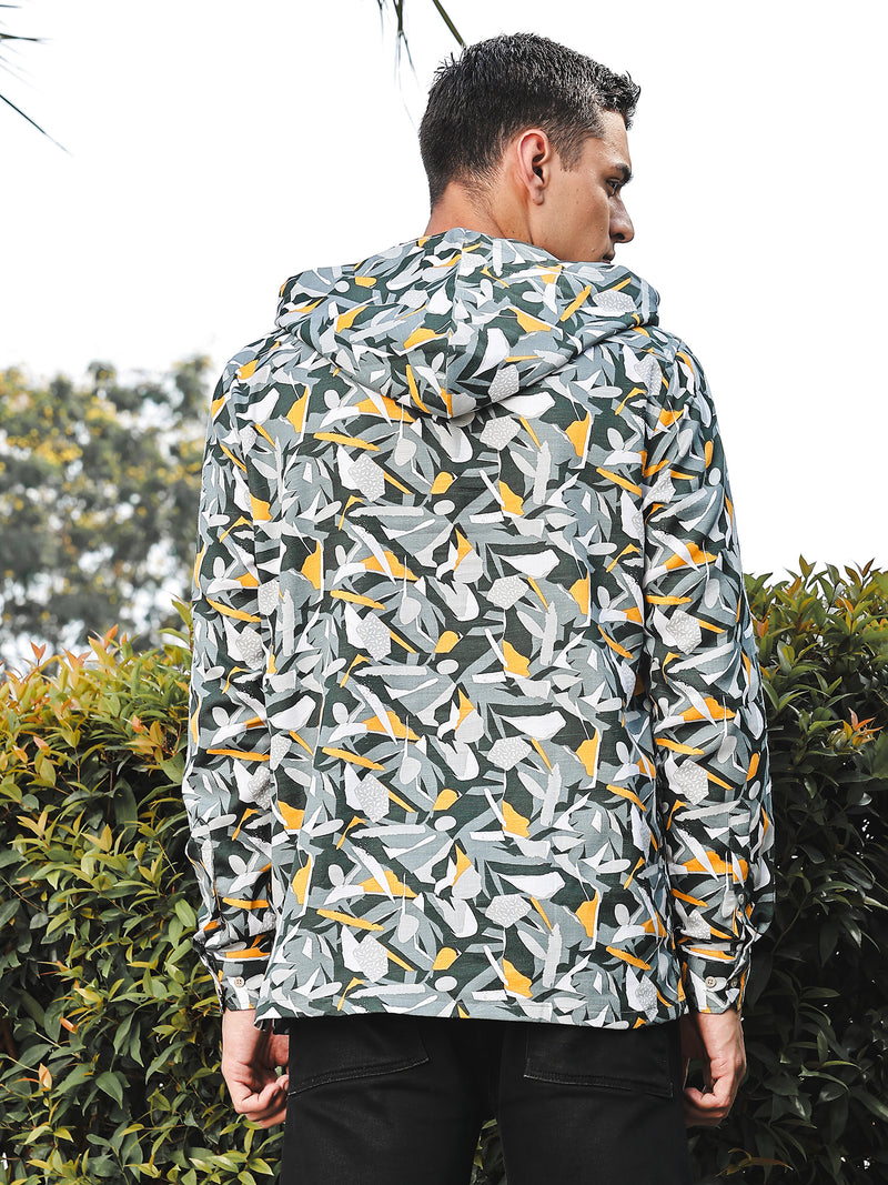 Thomas Scott Men Grey Slim Fit Long Sleeves Abstract Printed Linen Hodded Shirt