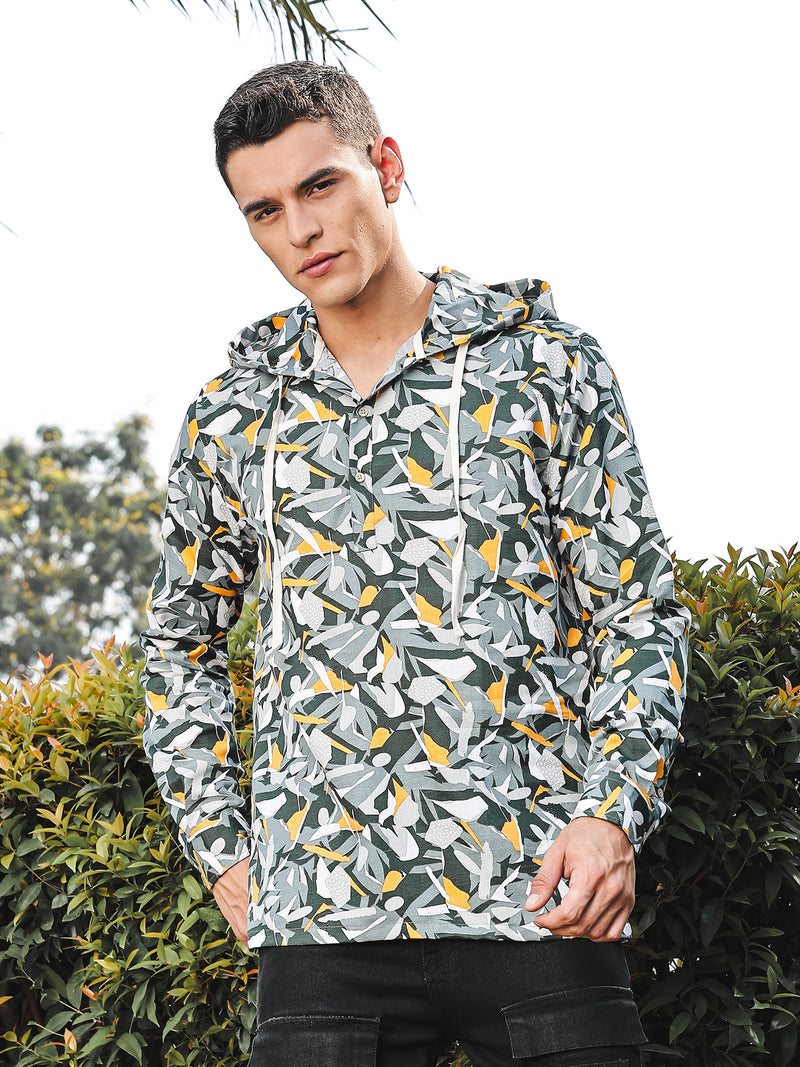 Thomas Scott Men Grey Slim Fit Long Sleeves Abstract Printed Linen Hodded Shirt