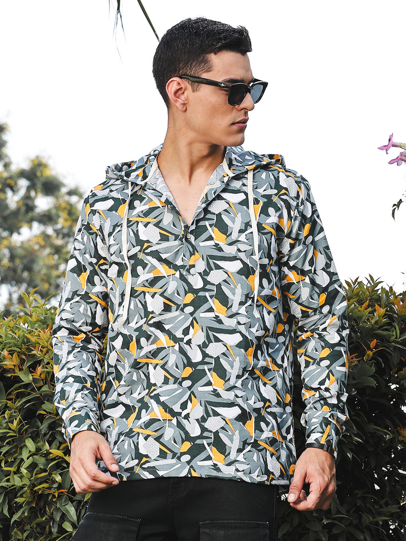 Thomas Scott Men Grey Slim Fit Long Sleeves Abstract Printed Linen Hodded Shirt