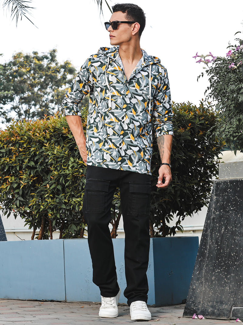 Thomas Scott Men Grey Slim Fit Long Sleeves Abstract Printed Linen Hodded Shirt