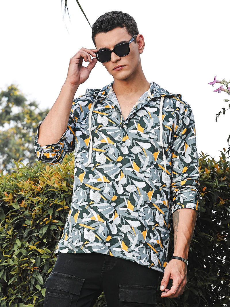Thomas Scott Men Grey Slim Fit Long Sleeves Abstract Printed Linen Hodded Shirt