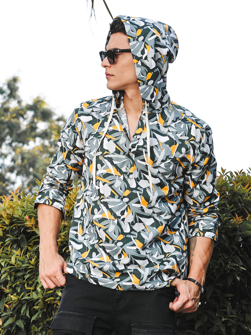 Thomas Scott Men Grey Slim Fit Long Sleeves Abstract Printed Linen Hodded Shirt