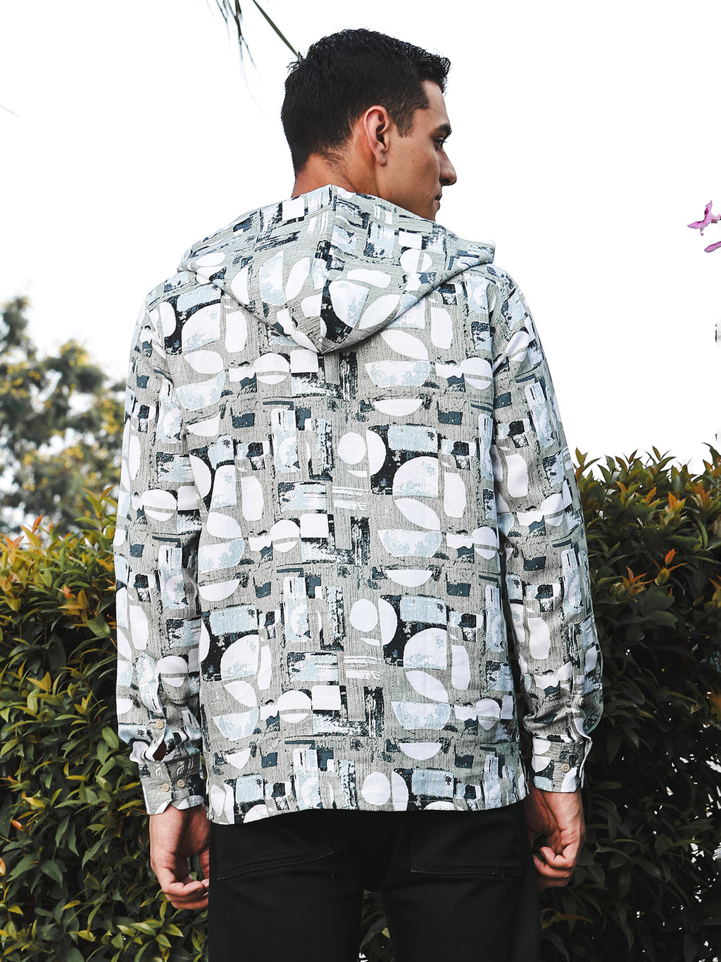 Thomas Scott Men LightOlive Slim Fit Long Sleeves Abstract Printed Linen Hodded Shirt