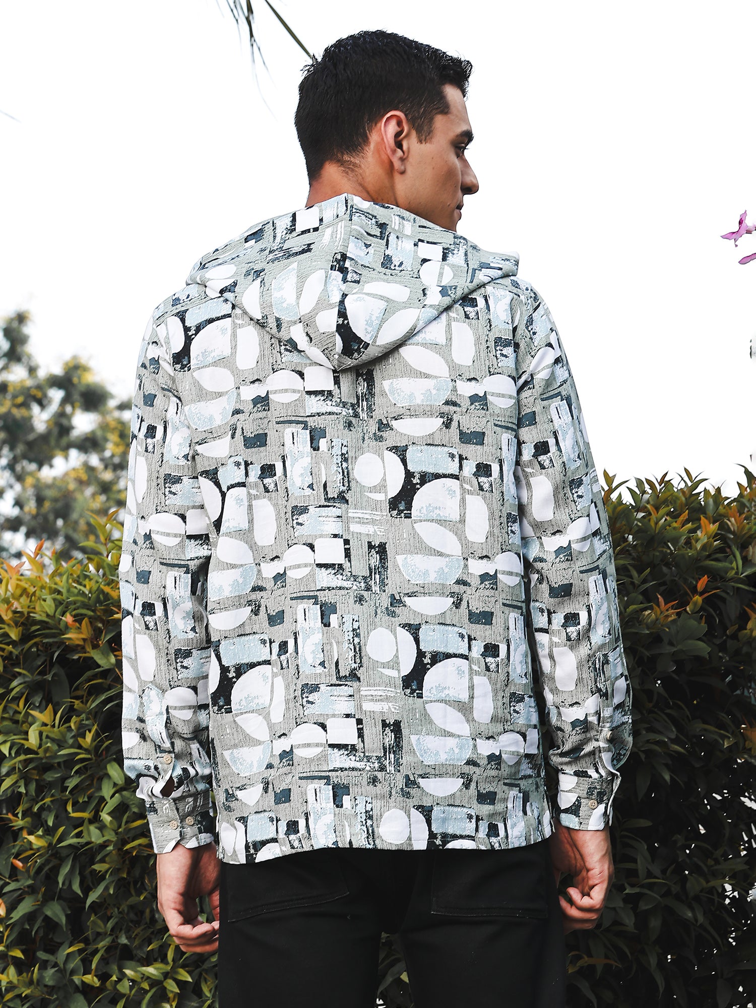 Thomas Scott Men LightOlive Slim Fit Long Sleeves Abstract Printed Linen Hodded Shirt
