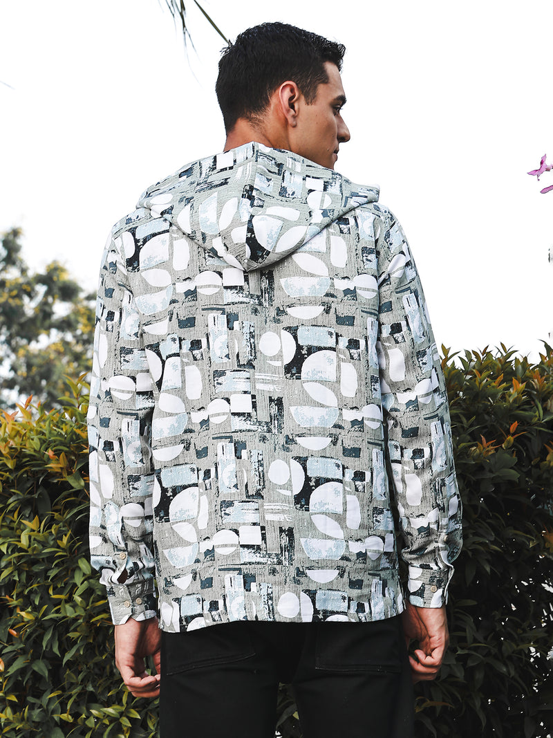 Thomas Scott Men LightOlive Slim Fit Long Sleeves Abstract Printed Linen Hodded Shirt
