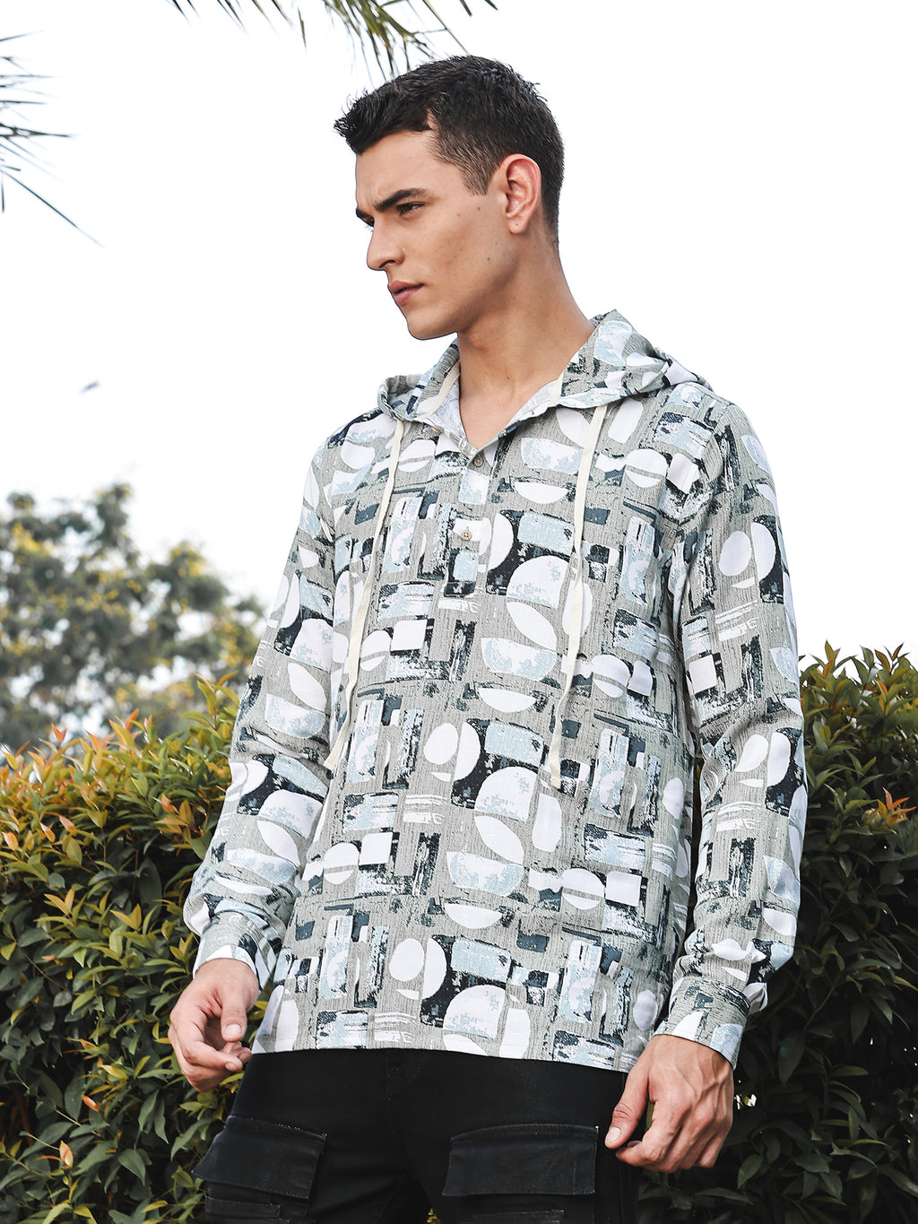 Thomas Scott Men LightOlive Slim Fit Long Sleeves Abstract Printed Linen Hodded Shirt