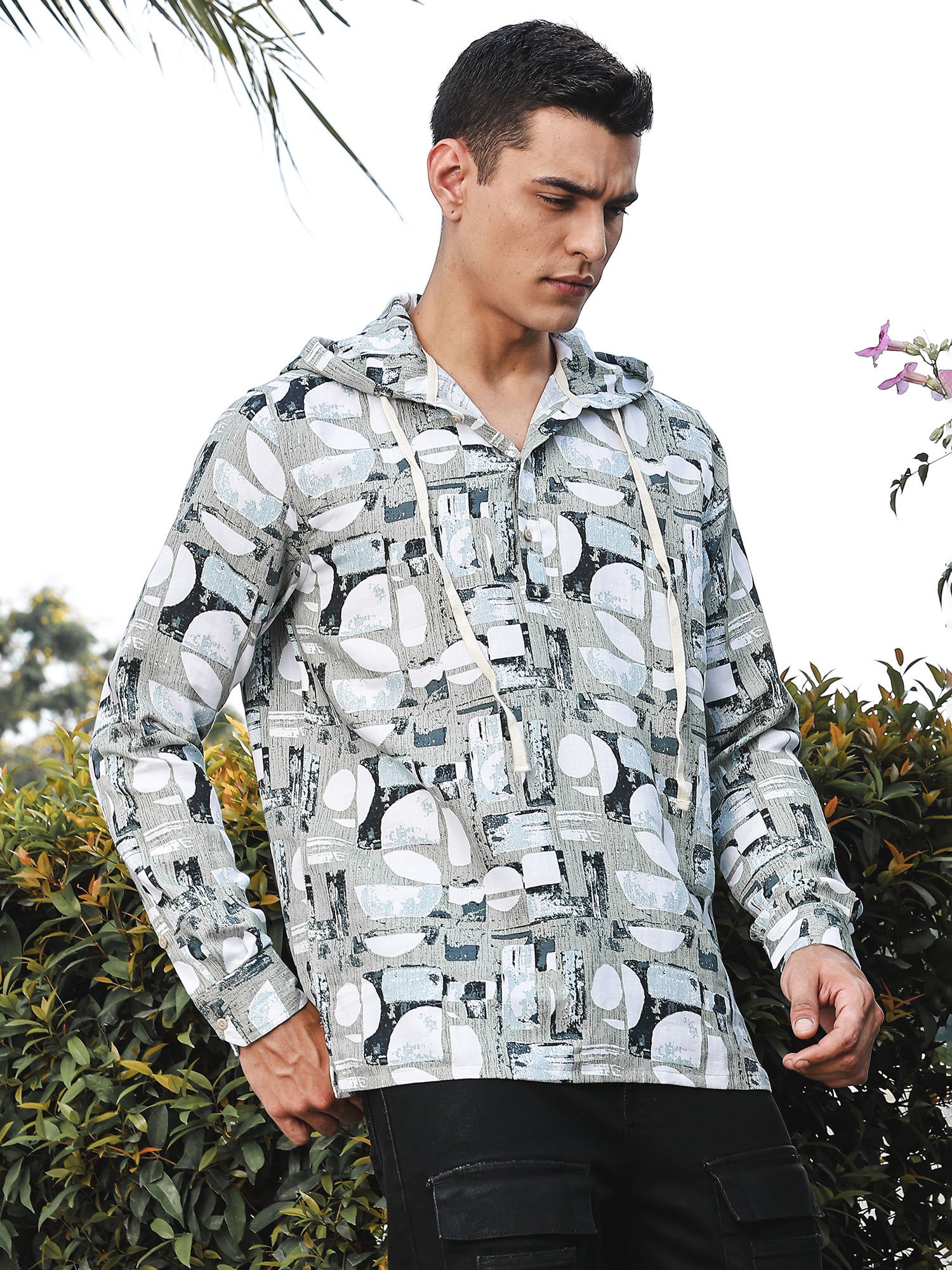 Thomas Scott Men LightOlive Slim Fit Long Sleeves Abstract Printed Linen Hodded Shirt