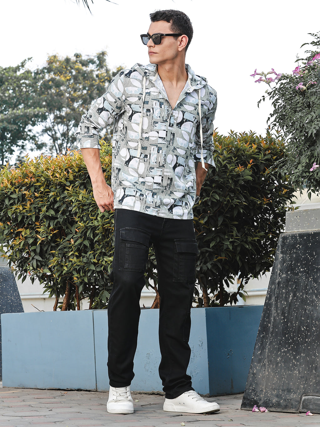 Thomas Scott Men LightOlive Slim Fit Long Sleeves Abstract Printed Linen Hodded Shirt