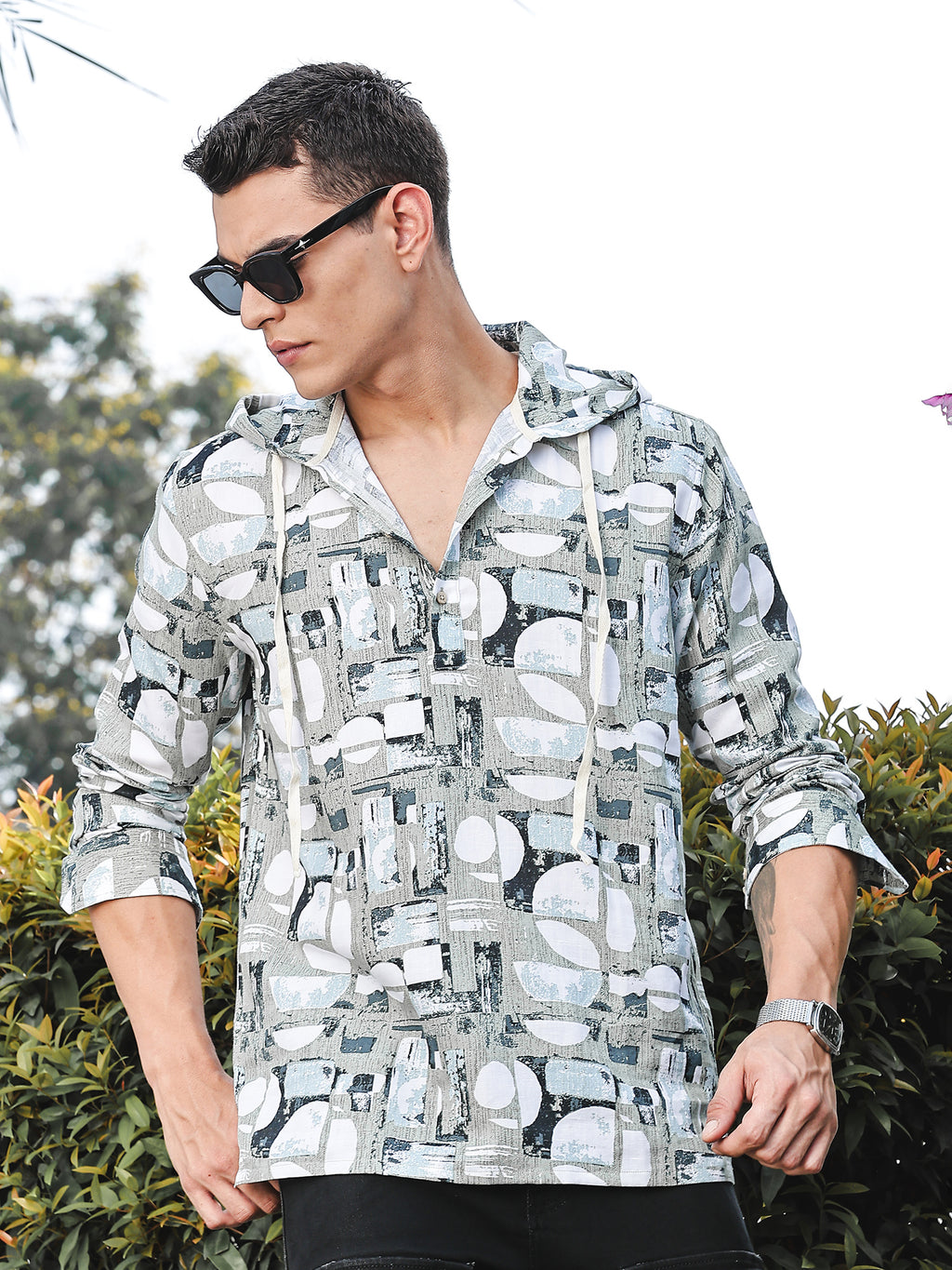Thomas Scott Men LightOlive Slim Fit Long Sleeves Abstract Printed Linen Hodded Shirt