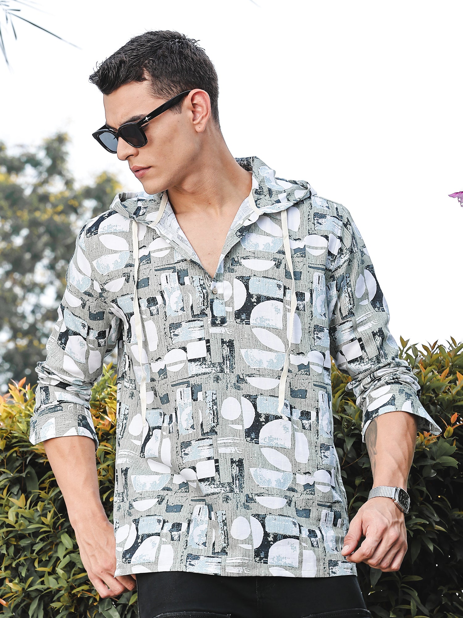 Thomas Scott Men LightOlive Slim Fit Long Sleeves Abstract Printed Linen Hodded Shirt
