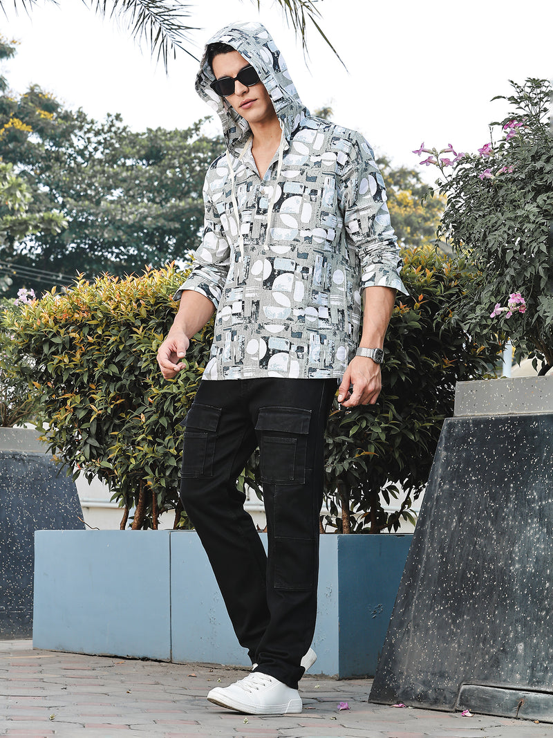 Thomas Scott Men LightOlive Slim Fit Long Sleeves Abstract Printed Linen Hodded Shirt