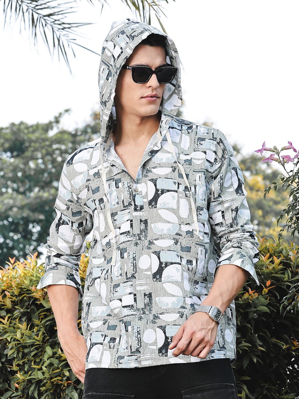 Thomas Scott Men LightOlive Slim Fit Long Sleeves Abstract Printed Linen Hodded Shirt