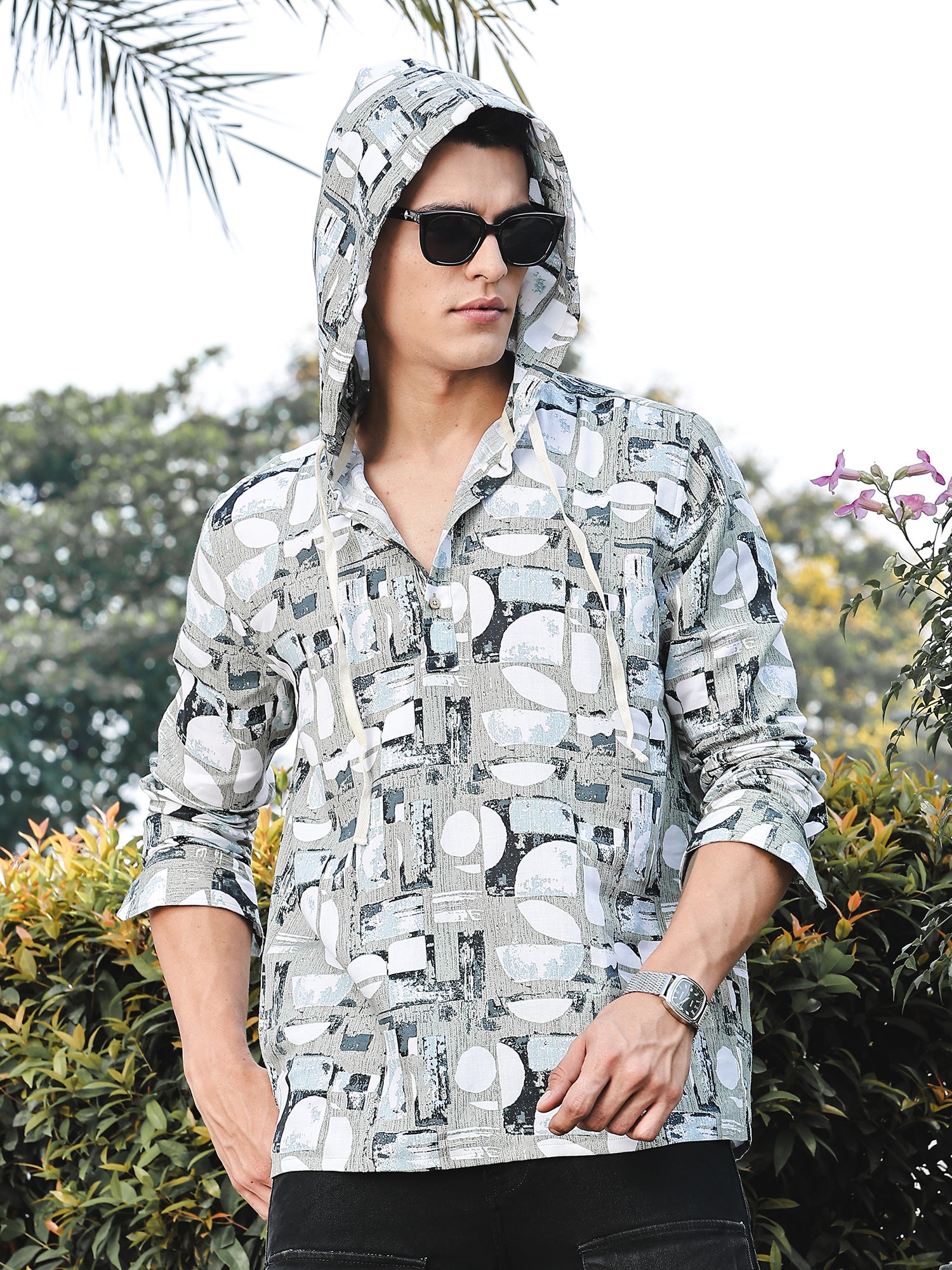 Thomas Scott Men LightOlive Slim Fit Long Sleeves Abstract Printed Linen Hodded Shirt