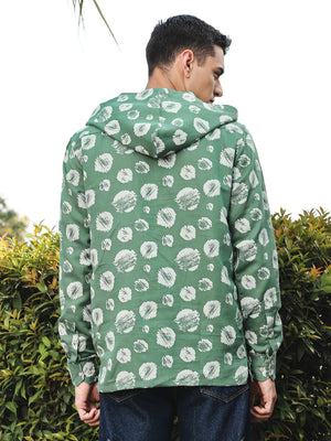 Thomas Scott Men Green Slim Fit Long Sleeves Abstract Printed Linen Hodded Shirt