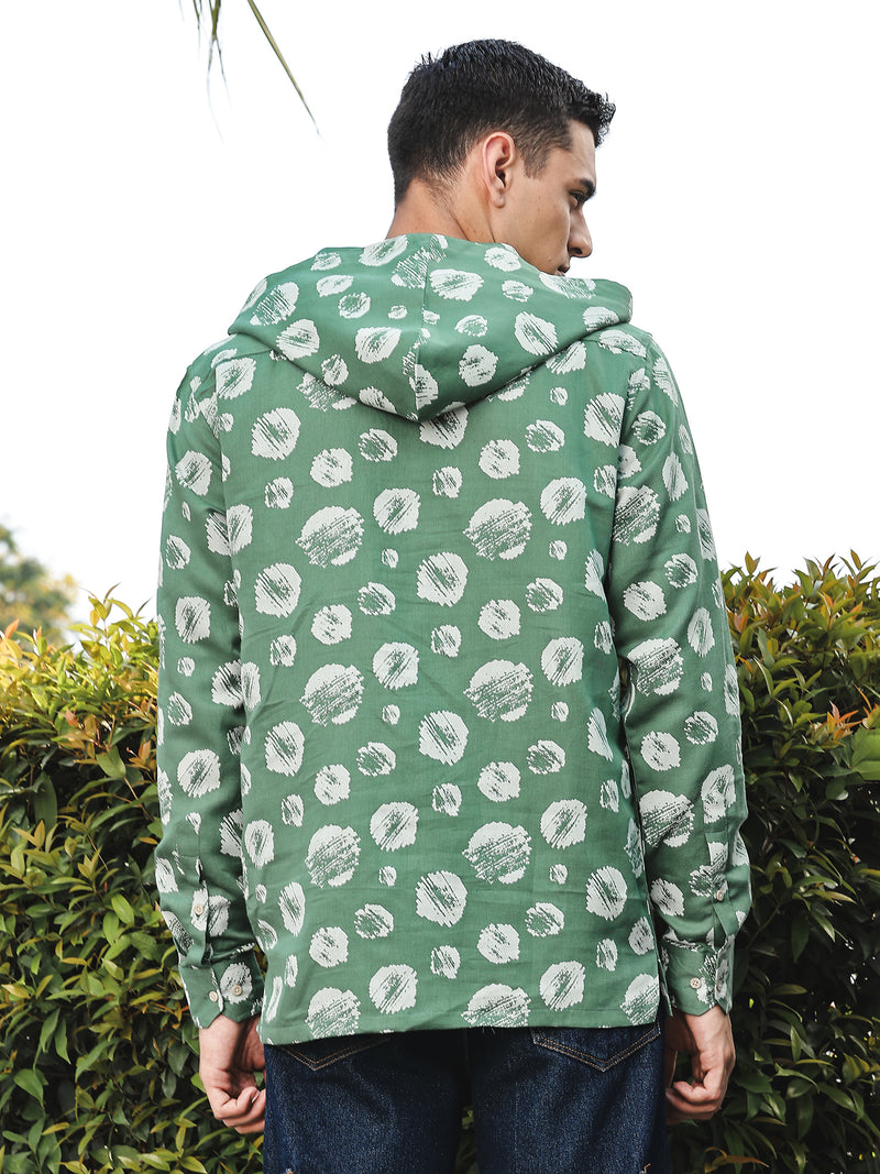 Thomas Scott Men Green Slim Fit Long Sleeves Abstract Printed Linen Hodded Shirt