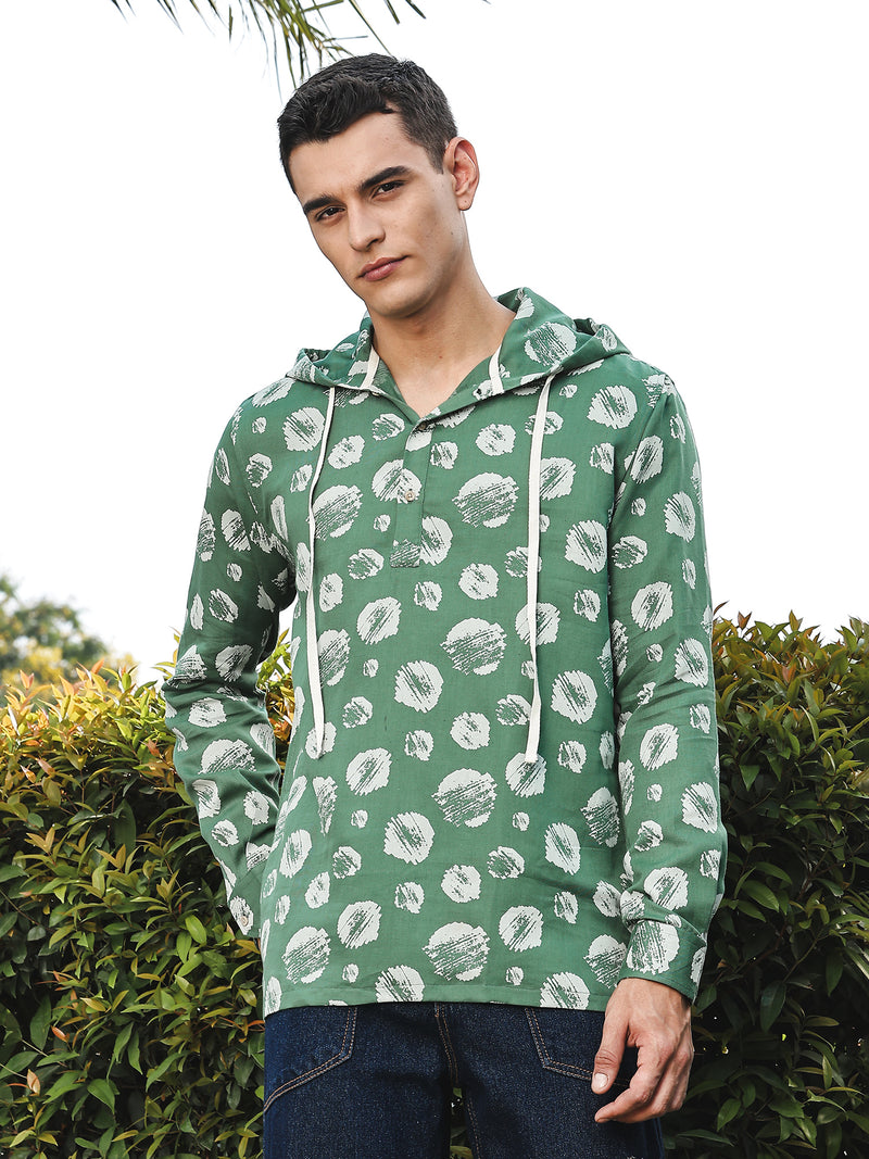 Thomas Scott Men Green Slim Fit Long Sleeves Abstract Printed Linen Hodded Shirt