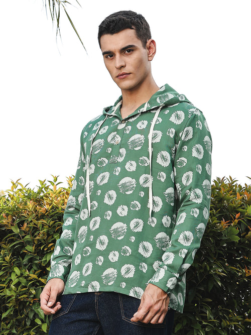 Thomas Scott Men Green Slim Fit Long Sleeves Abstract Printed Linen Hodded Shirt