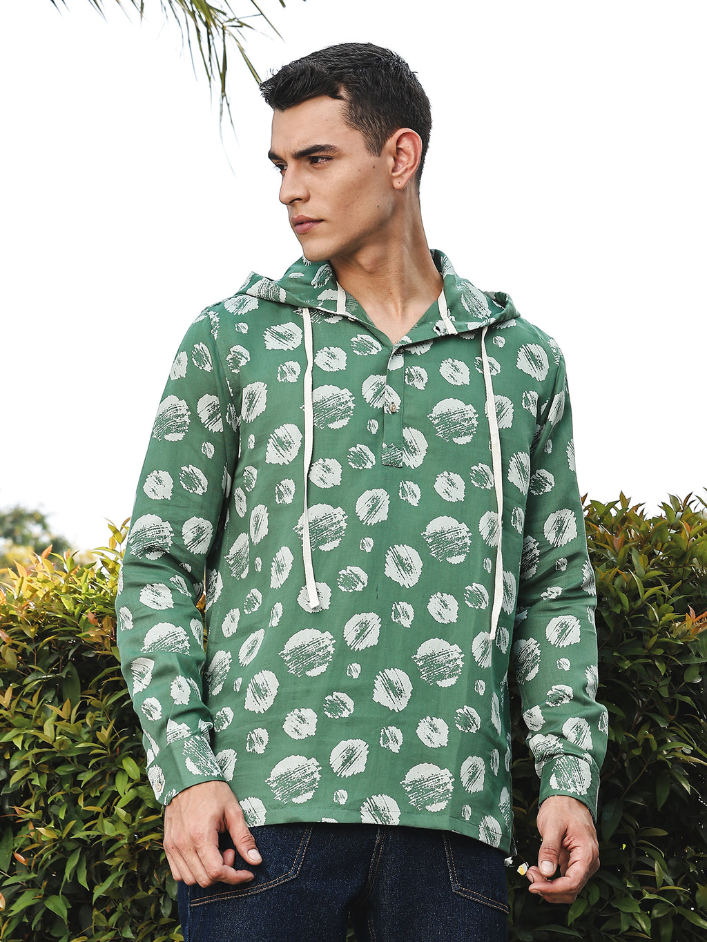 Thomas Scott Men Green Slim Fit Long Sleeves Abstract Printed Linen Hodded Shirt