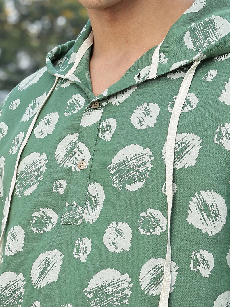 Thomas Scott Men Green Slim Fit Long Sleeves Abstract Printed Linen Hodded Shirt