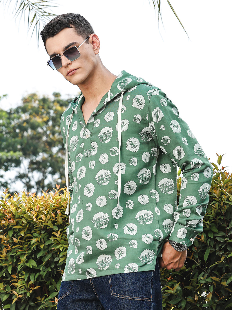 Thomas Scott Men Green Slim Fit Long Sleeves Abstract Printed Linen Hodded Shirt