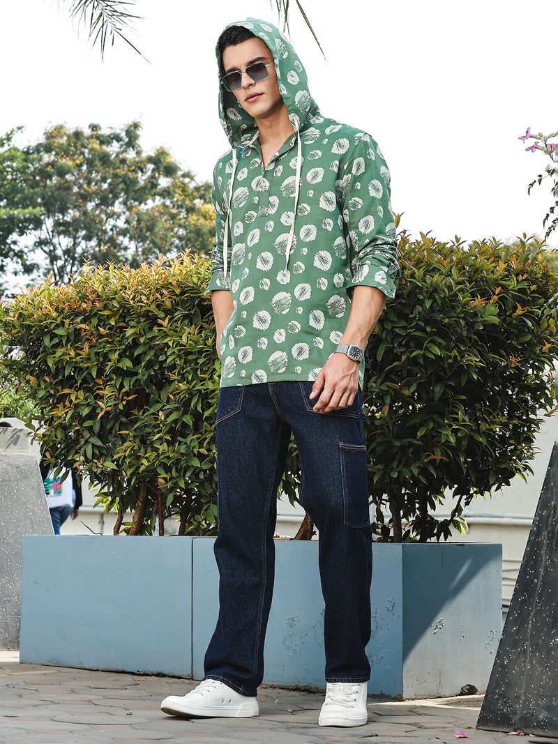 Thomas Scott Men Green Slim Fit Long Sleeves Abstract Printed Linen Hodded Shirt