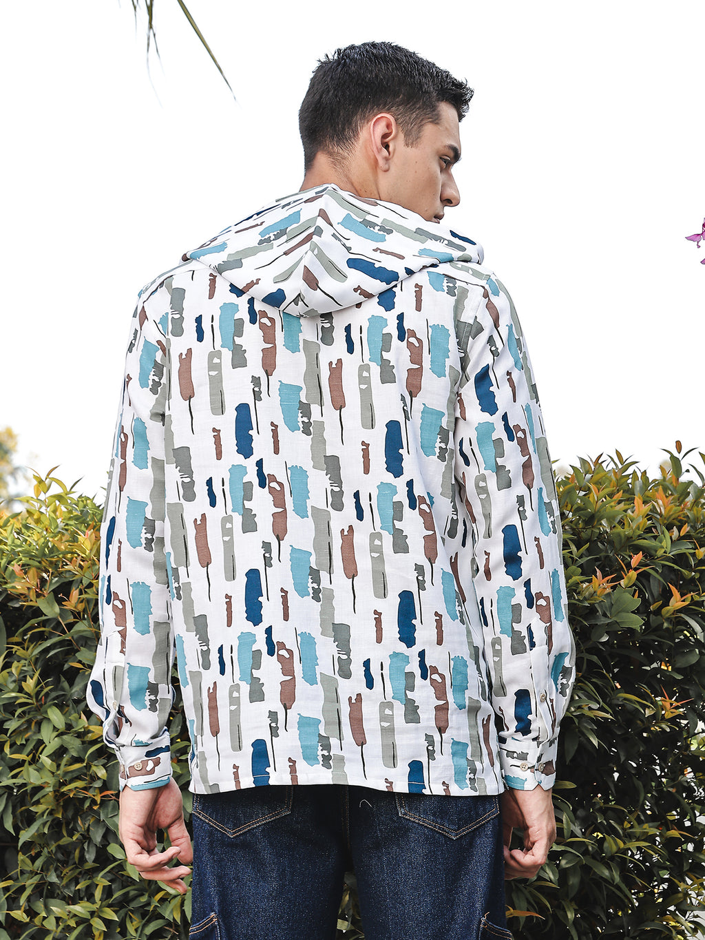 Thomas Scott Men White1 Slim Fit Long Sleeves Abstract Printed Linen Hodded Shirt