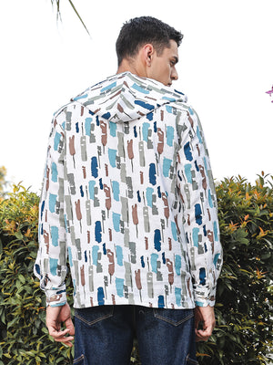 Thomas Scott Men White1 Slim Fit Long Sleeves Abstract Printed Linen Hodded Shirt