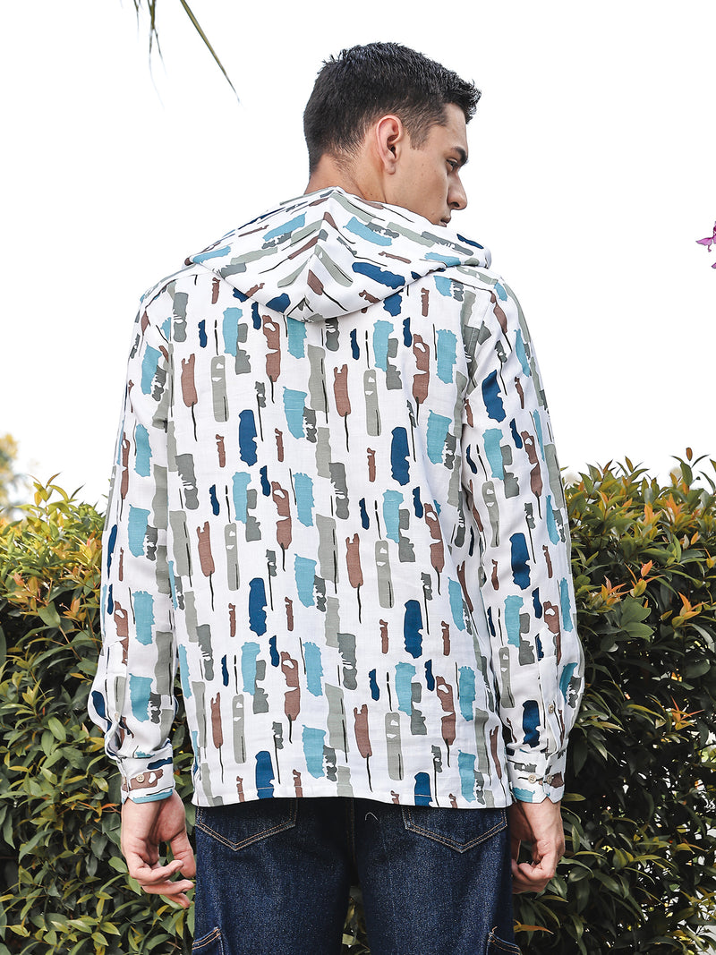 Thomas Scott Men White1 Slim Fit Long Sleeves Abstract Printed Linen Hodded Shirt