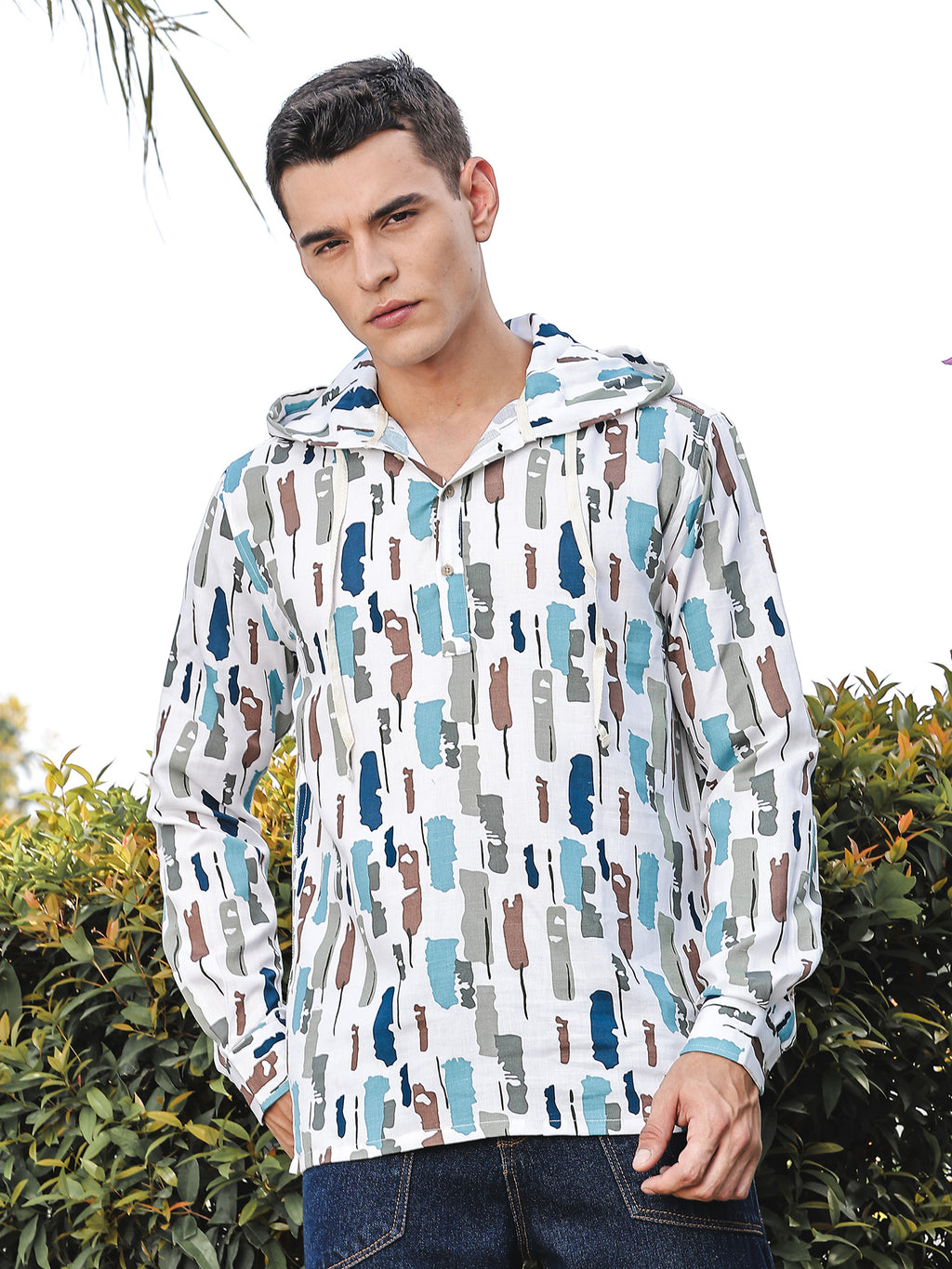 Thomas Scott Men White1 Slim Fit Long Sleeves Abstract Printed Linen Hodded Shirt