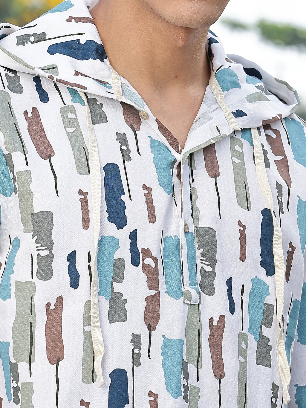 Thomas Scott Men White1 Slim Fit Long Sleeves Abstract Printed Linen Hodded Shirt