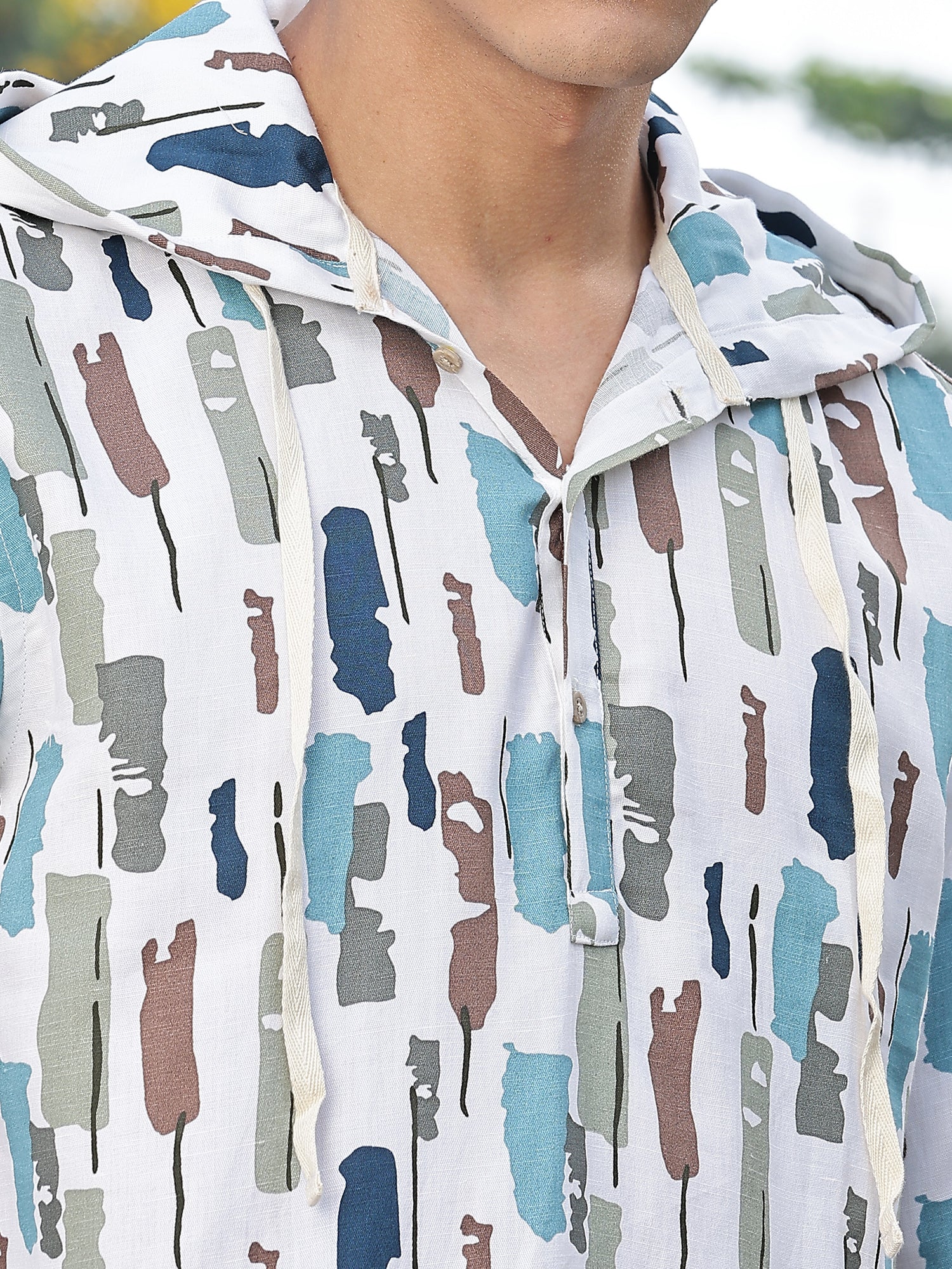 Thomas Scott Men White1 Slim Fit Long Sleeves Abstract Printed Linen Hodded Shirt
