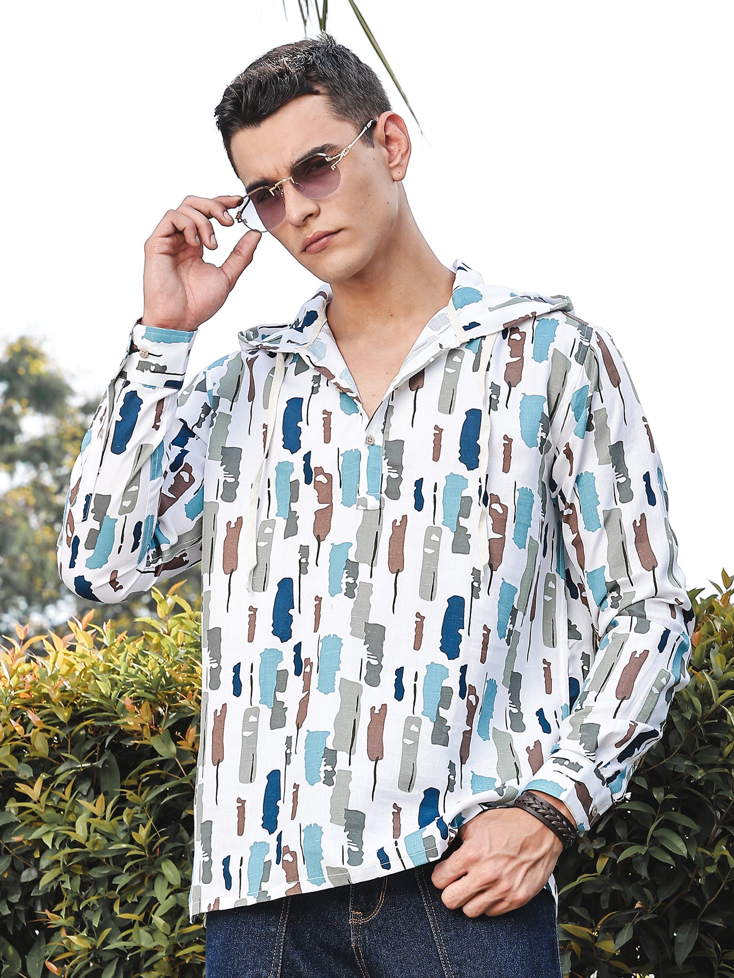 Thomas Scott Men White1 Slim Fit Long Sleeves Abstract Printed Linen Hodded Shirt