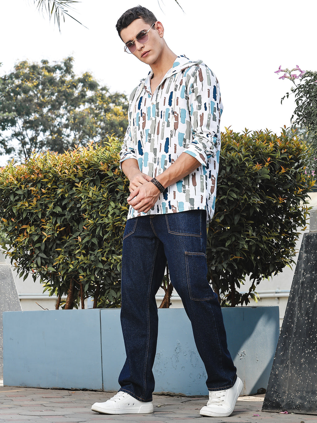 Thomas Scott Men White1 Slim Fit Long Sleeves Abstract Printed Linen Hodded Shirt