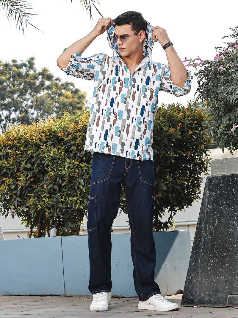 Thomas Scott Men White1 Slim Fit Long Sleeves Abstract Printed Linen Hodded Shirt