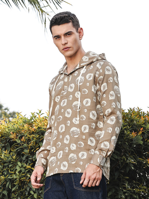 Thomas Scott Men Brown Slim Fit Long Sleeves Abstract Printed Linen Hodded Shirt