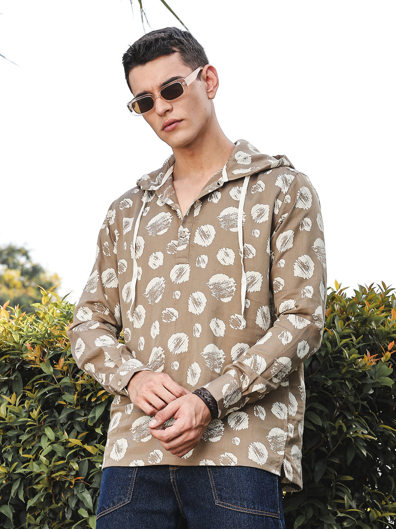 Thomas Scott Men Brown Slim Fit Long Sleeves Abstract Printed Linen Hodded Shirt