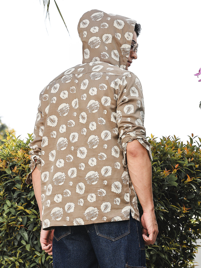 Thomas Scott Men Brown Slim Fit Long Sleeves Abstract Printed Linen Hodded Shirt