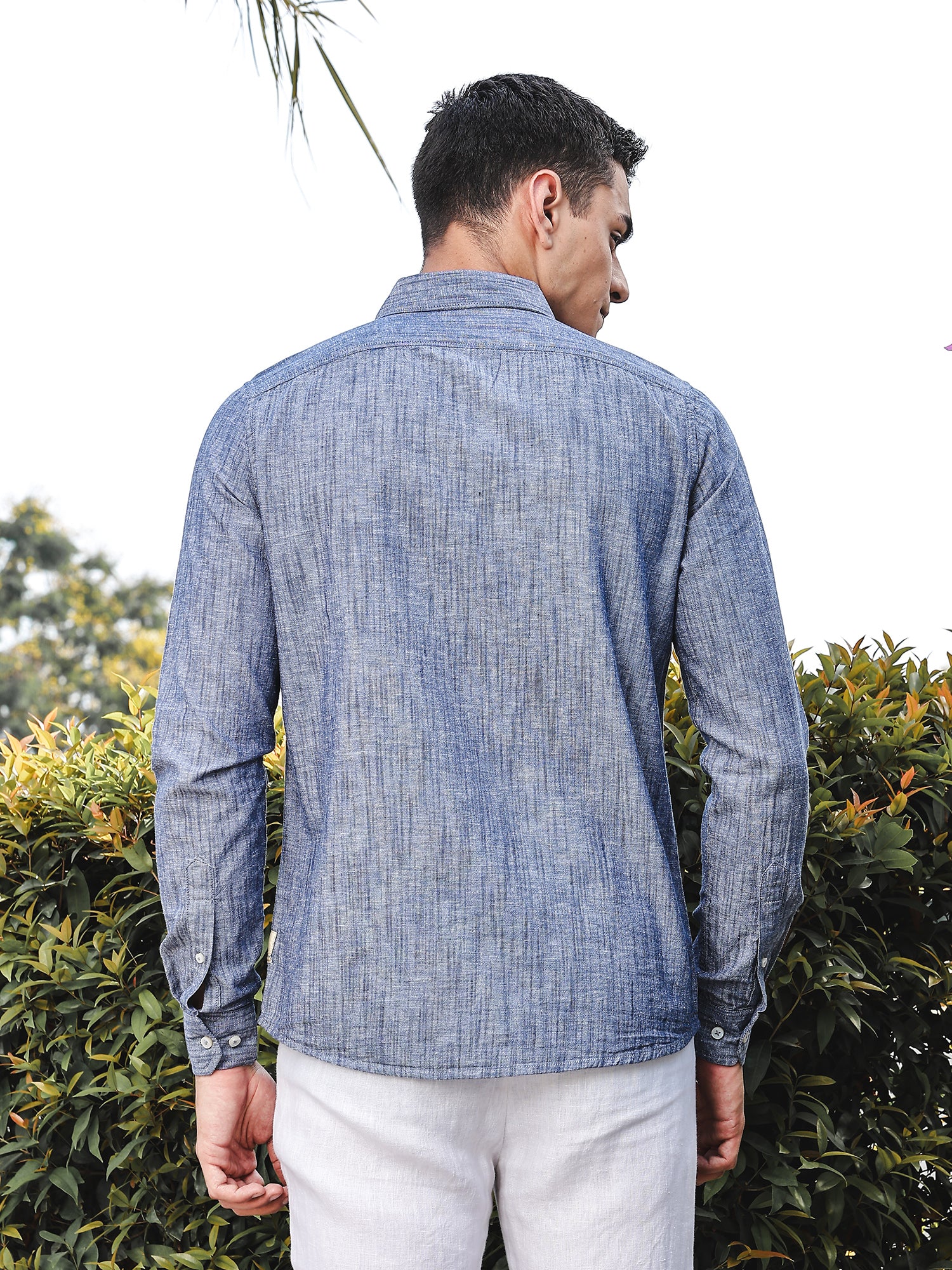 Thomas Scott Men Blue Slim Fit Long Sleeves Spread Collar Linen Casual Shirt