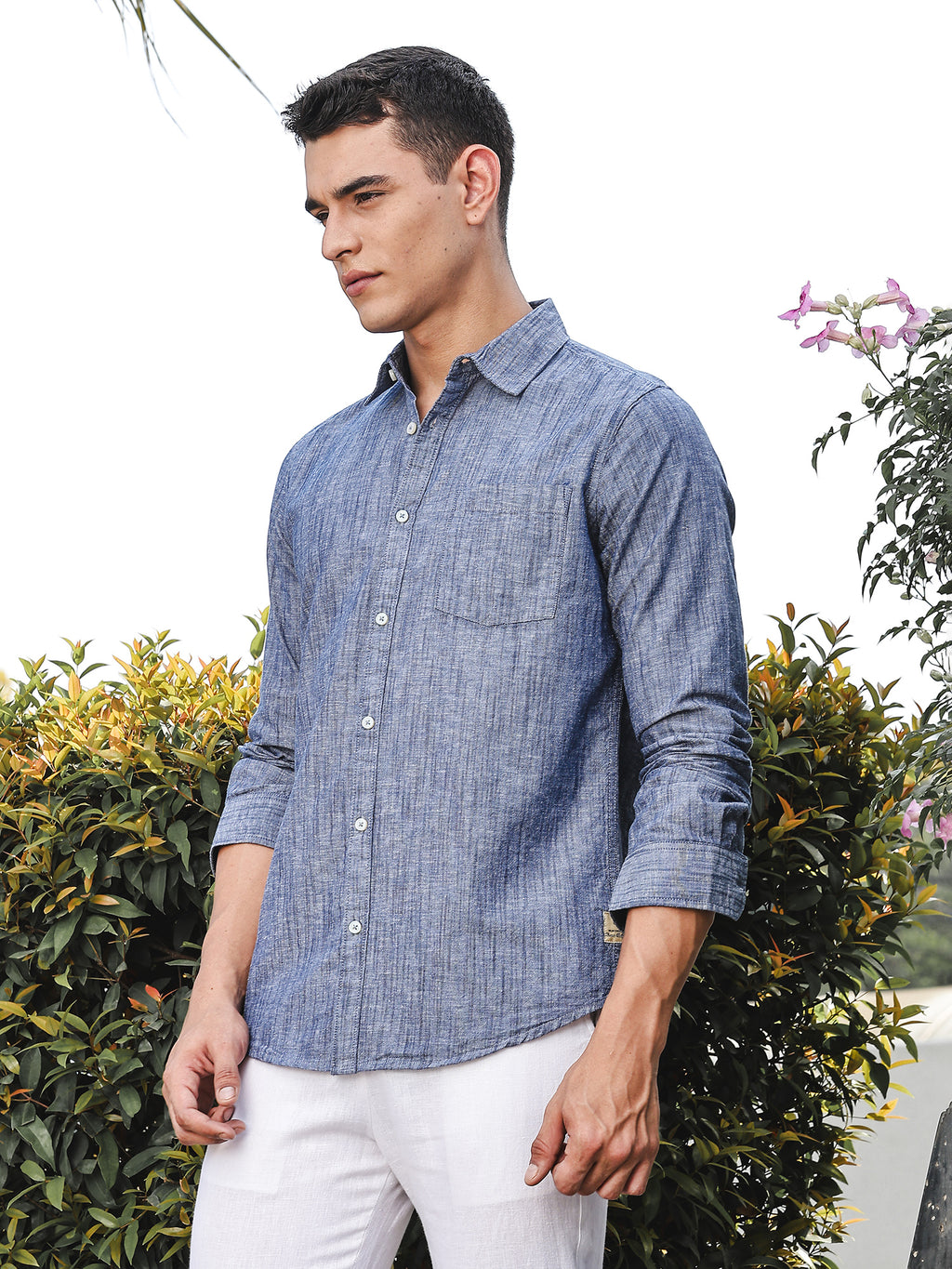 Thomas Scott Men Blue Slim Fit Long Sleeves Spread Collar Linen Casual Shirt