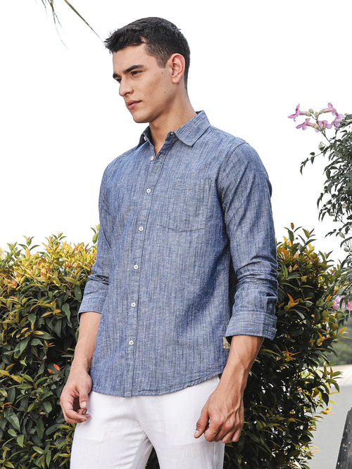 Thomas Scott Men Blue Slim Fit Long Sleeves Spread Collar Linen Casual Shirt