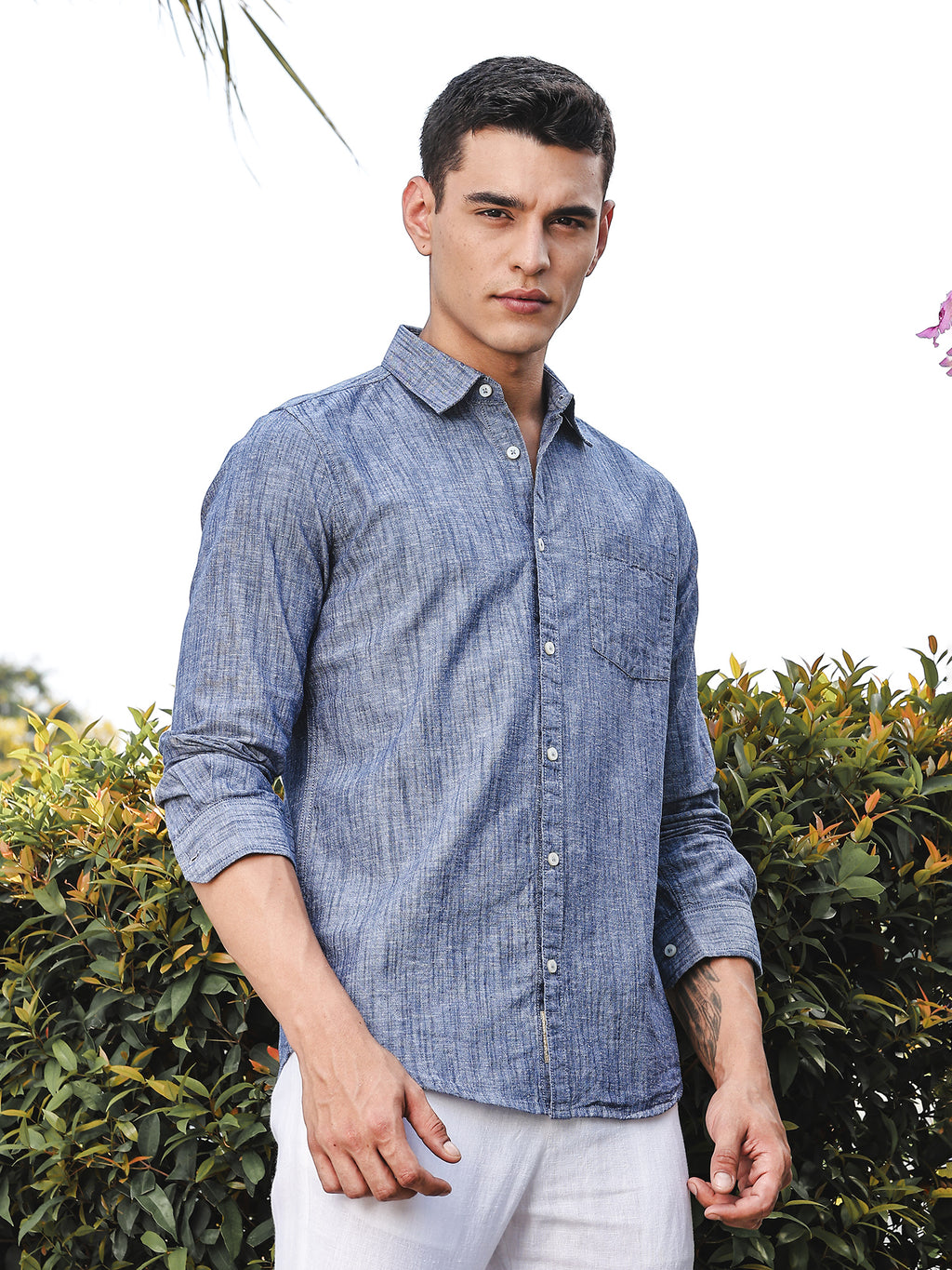 Thomas Scott Men Blue Slim Fit Long Sleeves Spread Collar Linen Casual Shirt